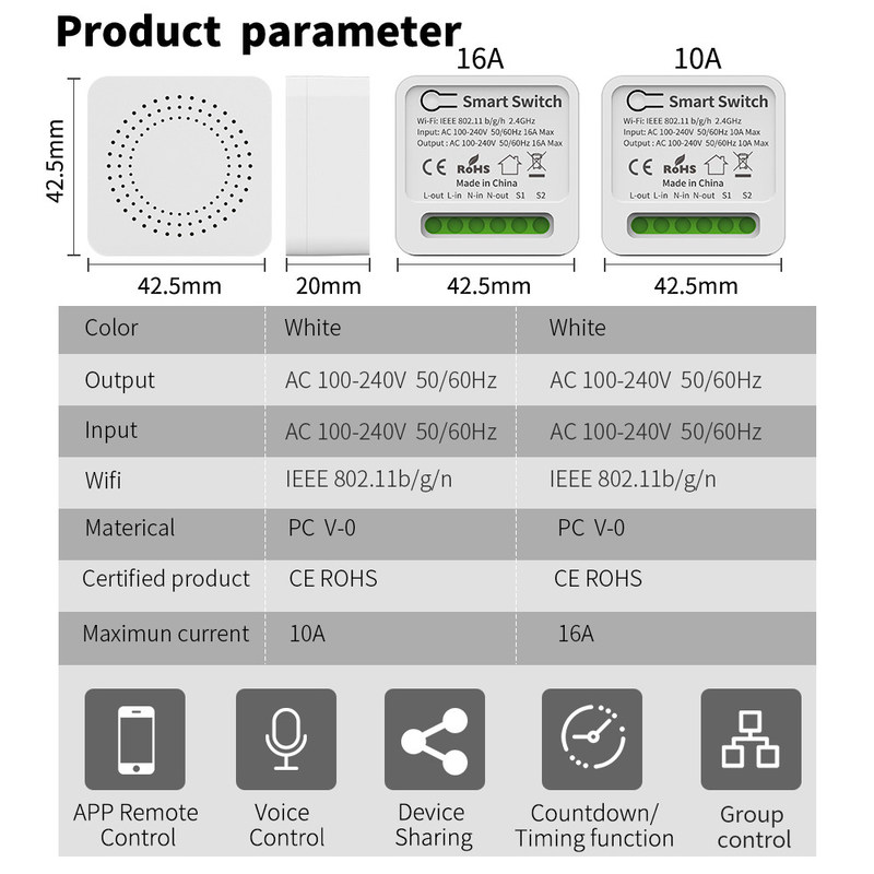 50/60Hz周波数のためのAES暗号化タイプを持つアプリ制御WiFiスマートスイッチ
